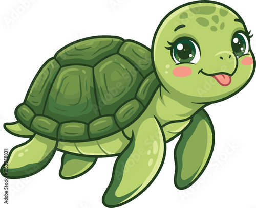 Cute cartoon green sea turtle with big eyes and pink cheeks animal marine life