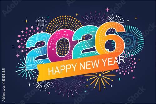 New year 2026 greeting text with vibrant colorful fireworks exploding