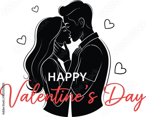 Loving couple embracing on Valentine's Day with hearts