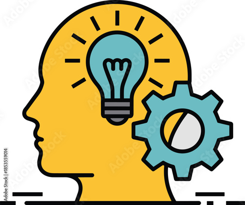 Head with lightbulb and gear representing ideas and thinking process showcasing cognitive function mental activity and problem solving