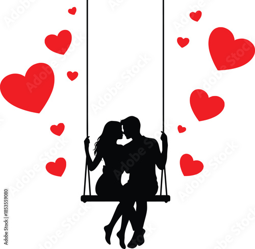 Romantic couple kissing on swing surrounded by floating hearts