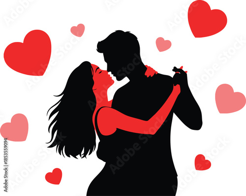Romantic couple embracing surrounded by floating hearts in love
