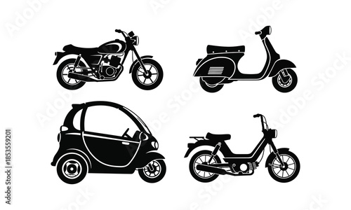 Motorcycles and scooter moped car vehicle icons set vector illustration