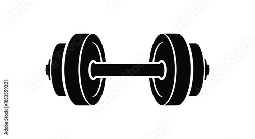 A striking black dumbbell graphic depicts strength and fitness presented as a bold silhouette