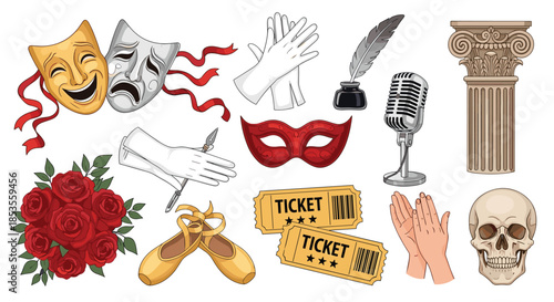 Theater and performing arts icon set with drama masks, ballet shoes, tickets, a vintage microphone, and other stage elements.
