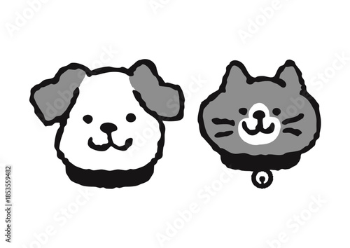 Cute dog and cat face illustration set, hand-drawn style, gray and brown monotone color