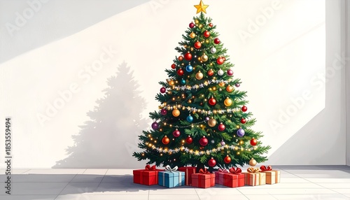 Festive decorated Christmas tree with presents at its base, bright lighting and shadows