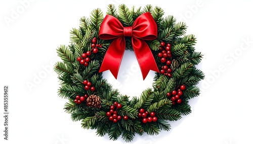 A vibrant Christmas wreath with evergreen foliage, red bow, berries, and a pinecone