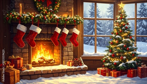 Cozy holiday scene with fireplace, Christmas tree, and snowy winter outside