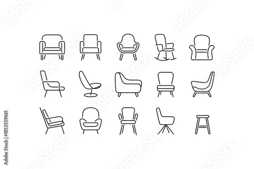 Collection of various types of chairs and sofas in simple line drawings
