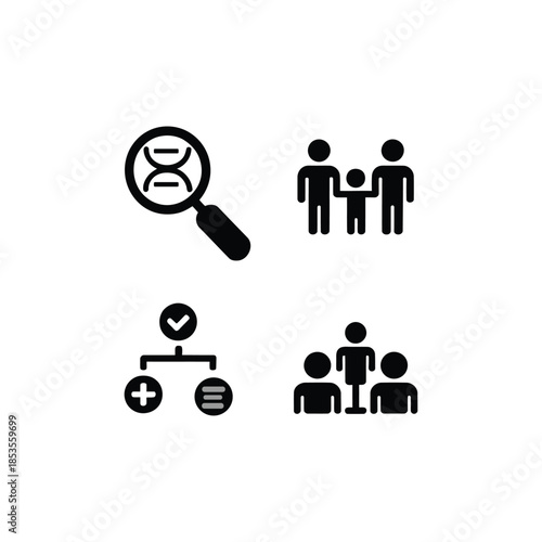 Genetic research and family relationship icons set
