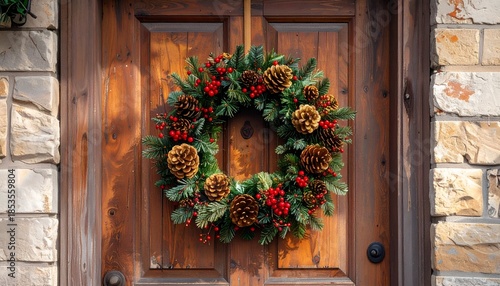 A festive holiday wreath adorns a richly stained wooden door framed by stone blocks