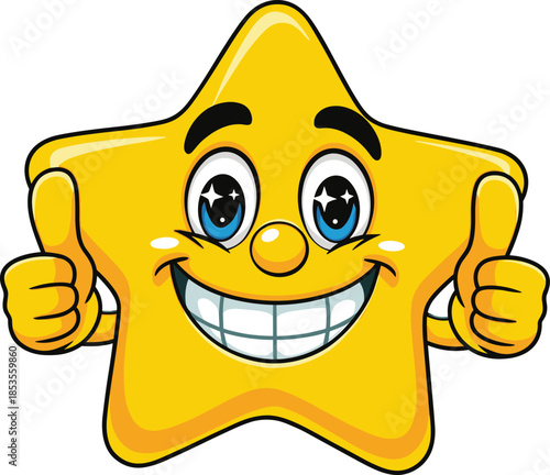 Cheerful cartoon yellow star character giving two thumbs up with sparkling eyes and wide smile vector