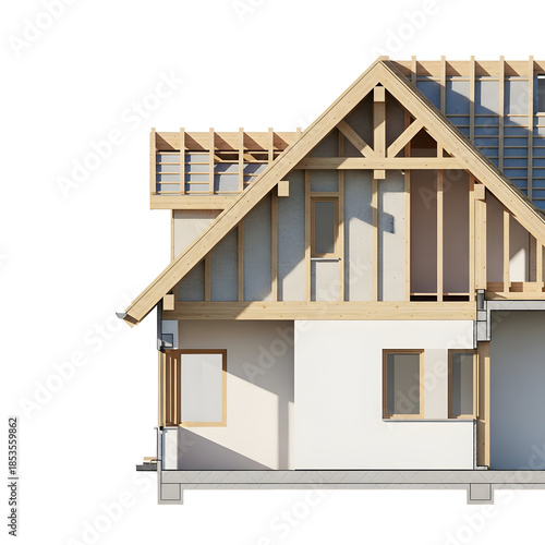 A partially constructed house with exposed wooden framing and roof trusses on upper floor