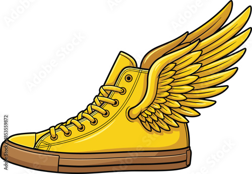 Yellow High Top Sneaker With Golden Wings On White Background Keywords: sneaker, shoe, footwear, yellow, gold, golden, wings