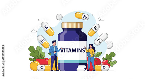 Vitamins and supplements concept with people next to a large bottle and various capsules like B, C, D, and K floating around.