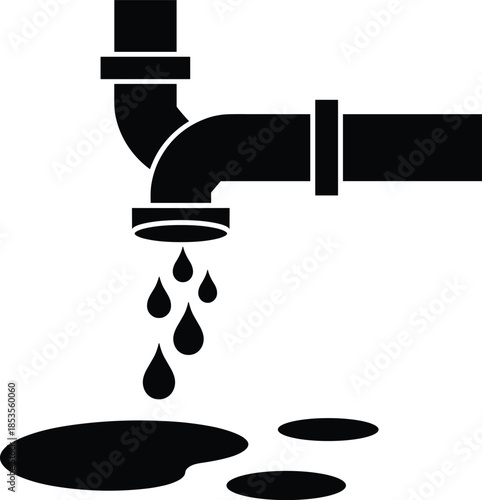 Dripping Pipe with Water Puddles on White Background Keywords: pipe, plumbing, leak, water, dripping, liquid, fluid, waste