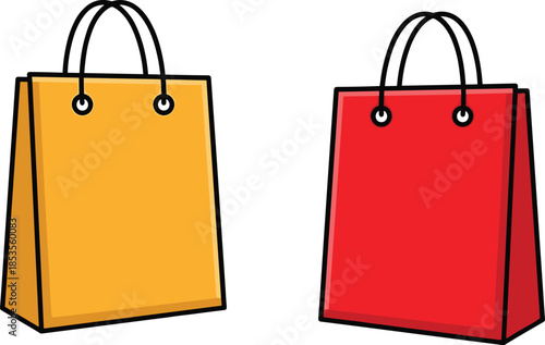 Two shopping bags, one orange and one red, on a white background retail commerce