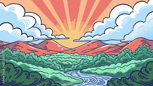 Golden Sunrise Panorama Over Rolling Hills and Misty Valley