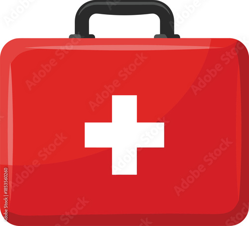 Red First Aid Kit with White Cross Symbol and Handle Keywords: first aid, medical, health, emergency, kit, box, case, medicine