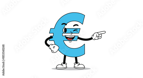 Winking cartoon euro currency symbol character in a retro style with gloved hands and shoes, pointing cheerfully on a white background.