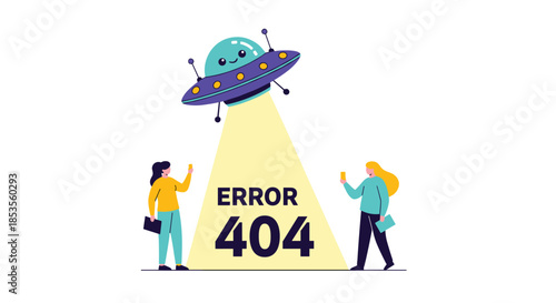 Error 404 page not found concept with a cute UFO abducting the numbers while two women watch, providing a creative design for a website.