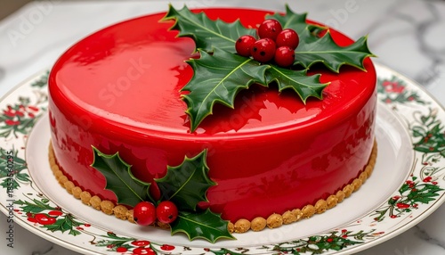 Round red glazed cake, holly garnish, on decorated plate