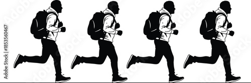 Black Silhouettes of Men Running with Backpacks in Sequence, Active Male Figures Jogging or Commuting Isolated on White Background Design,