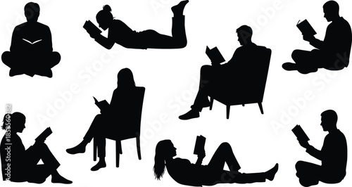 Black Silhouettes of People Reading Books in Different Poses, Men and Women Sitting and Lying Down Isolated on White Background,