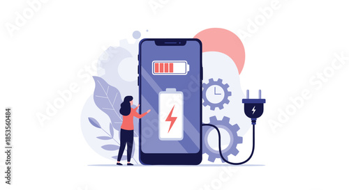Illustration of a woman charging a smartphone with a low battery indicator, connecting it to a power source with a plug, symbolizing energy and technology.