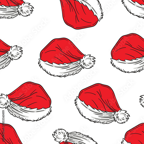 Seamless pattern with hand drawn red Santa hats and white fur on a white background