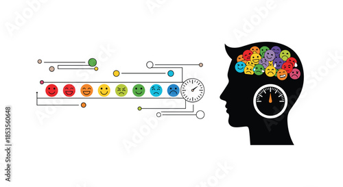 Emotional intelligence concept illustrated by a range of emoticons being processed and measured by a mood meter inside a human head silhouette.