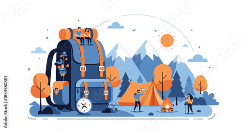 Vibrant illustration of a hiking and camping adventure with a large backpack, tent, bonfire, and people exploring a beautiful mountain landscape.