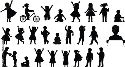 Black silhouette of children in various poses, kids playing, jumping, riding a bicycle and sitting together on a white background