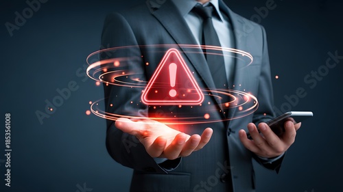 Man hand holding tablet protecting system warning