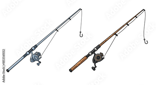 Two detailed illustrations of modern fishing rods with reels and hooks, one with a silver finish and the other with a classic wood-style handle.