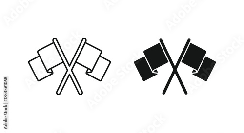 Two crossed checkered flags presented in both line art and bold black silhouette
