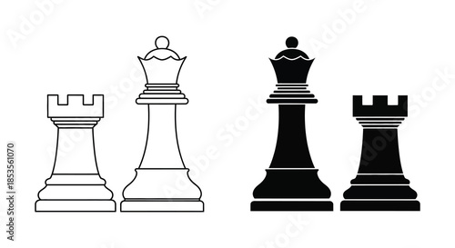 A stark contrast of black and white chess pieces a king and rook in silhouette