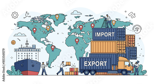 Global logistics and trade concept with a world map, shipping containers for import and export, a cargo ship, truck, and workers managing inventory.