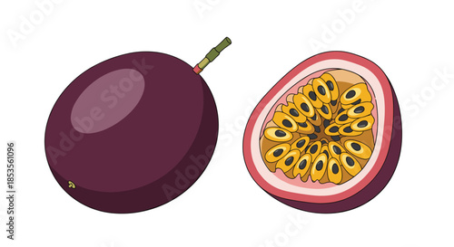 A whole purple passion fruit shown next to a halved one, revealing the juicy pulp and edible seeds inside, isolated on a white background.
