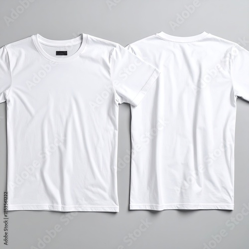 Blank white t-shirts, front and back, laid flat on a gray surface