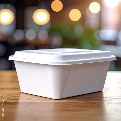 White food container on wooden table.  Blured restaurant background