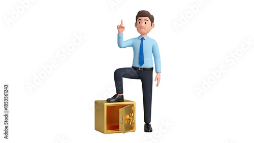 3D Business Man with Idea Pointer and Open Safe