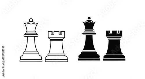 A stark contrast of white and black chess pieces including a queen and rook silhouette