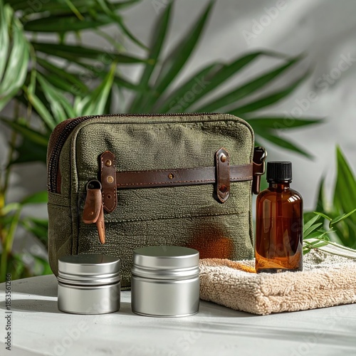 Olive-toned canvas travel kit with metal tins and amber bottle