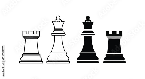 A stark contrast of black and white chess pieces arranged in a line a striking silhouette
