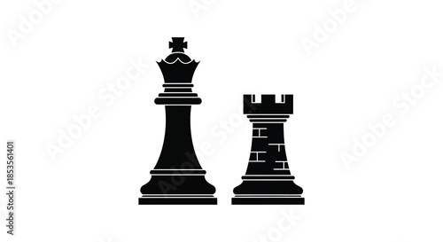A striking black and white image displaying a king and rook chess piece arrangement silhouette