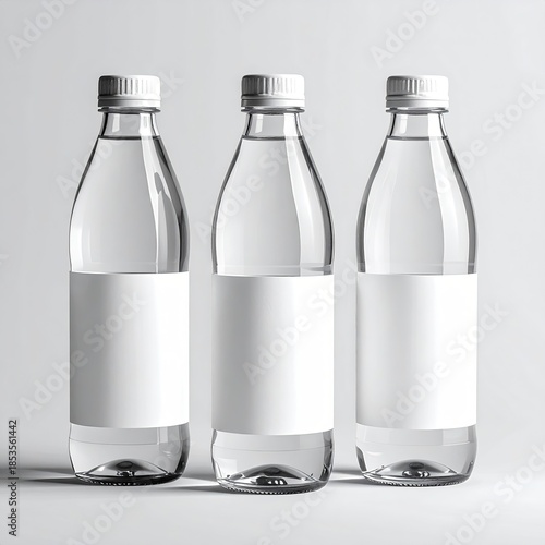 Three clear plastic water bottles with blank white labels (1)