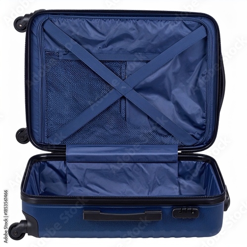 Open navy blue hard-shell suitcase. Interior view