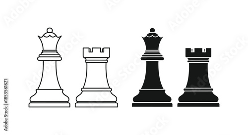 A stark contrast of black and white chess pieces displaying king queen rook and pawn silhouette